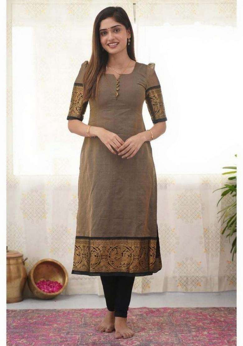 Cream Weaving Work Cotton Kurta Set - Indya