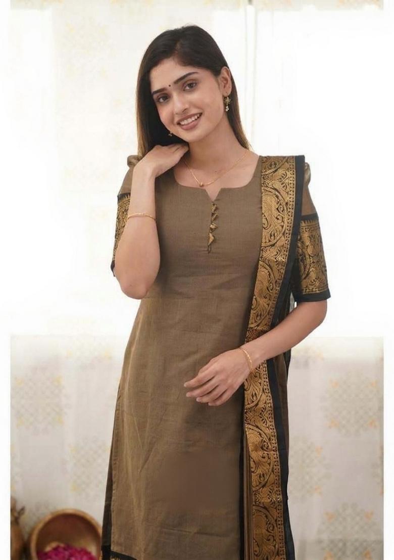 Cream Weaving Work Cotton Kurta Set - Indya