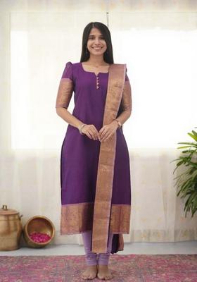Purple Weaving Work Cotton Kurta Set