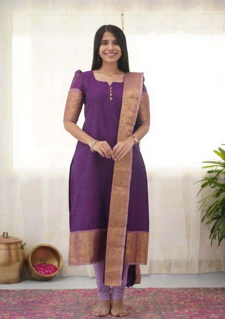 Purple Weaving Work Cotton Kurta Set - Indya