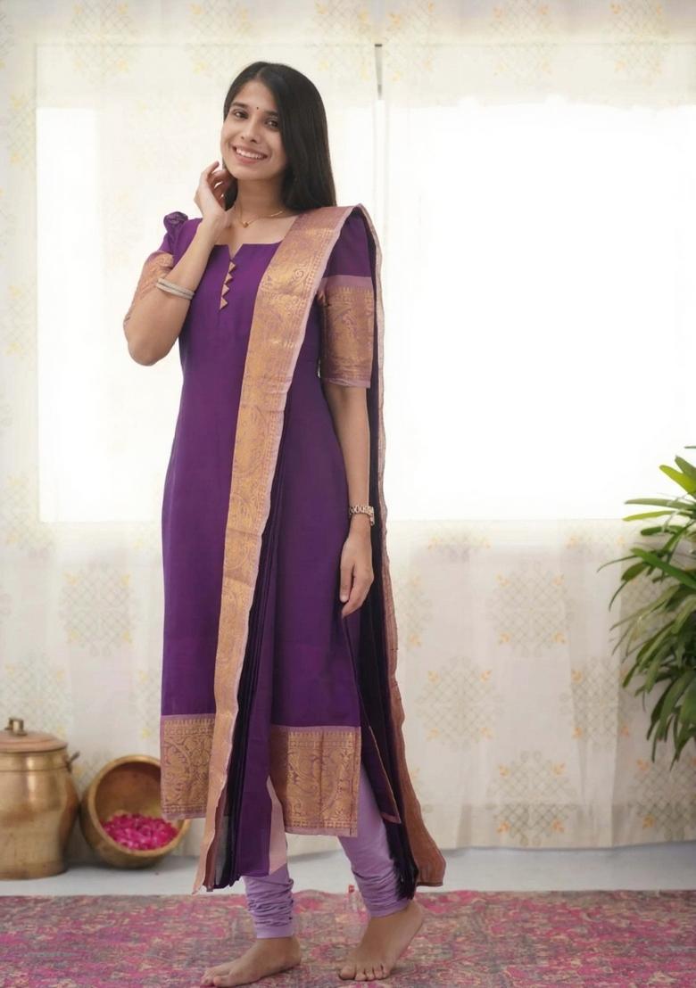 Purple Weaving Work Cotton Kurta Set - Indya