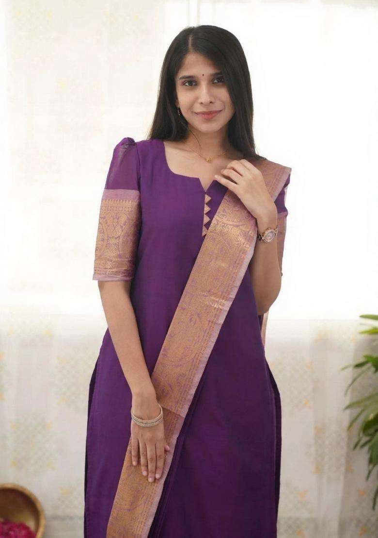 Purple Weaving Work Cotton Kurta Set - Indya