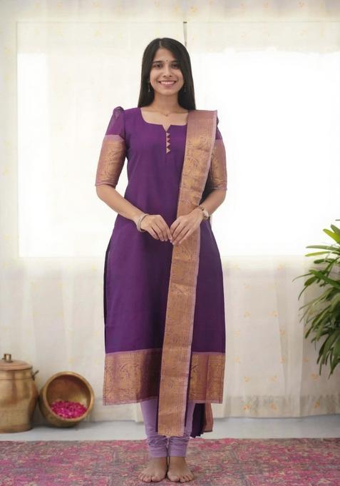 Purple Weaving Work Cotton Kurta Set