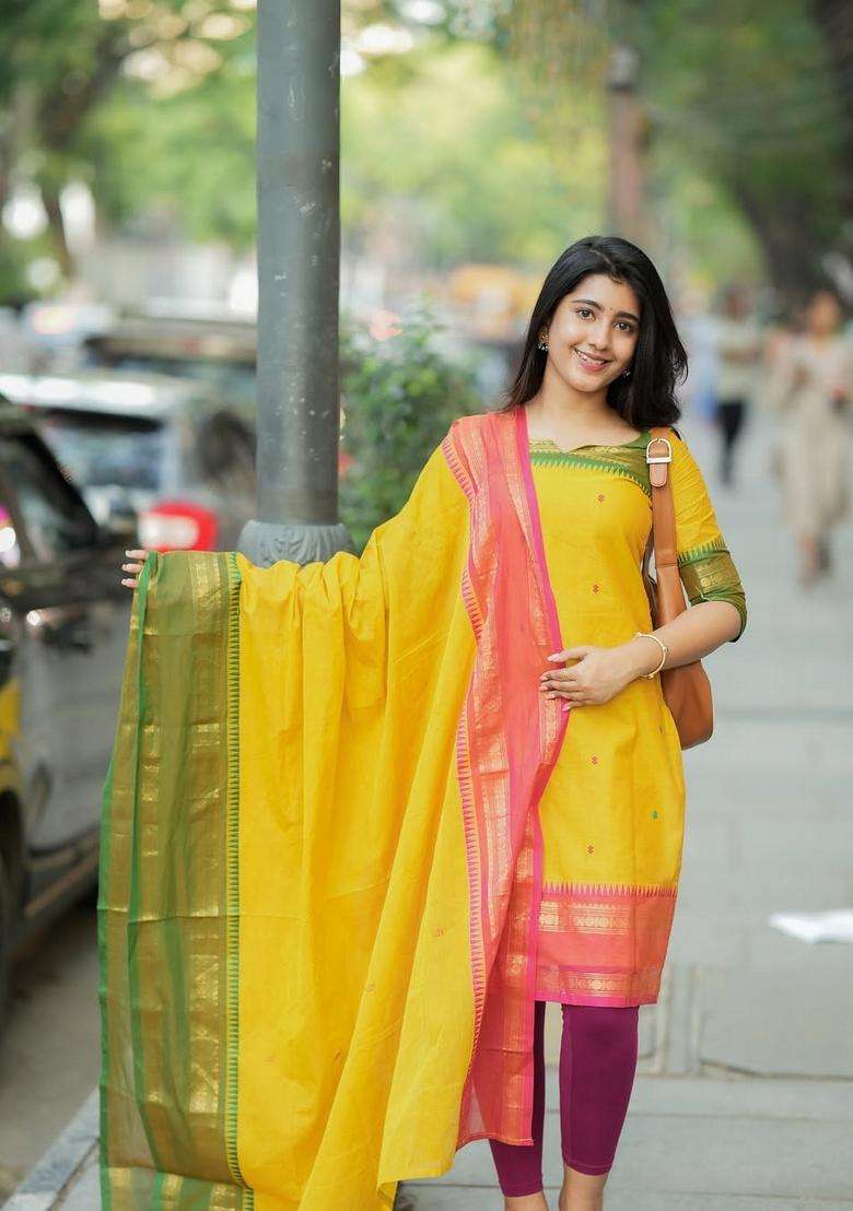 Yellow Weaving Work Cotton Kurta Set - Indya