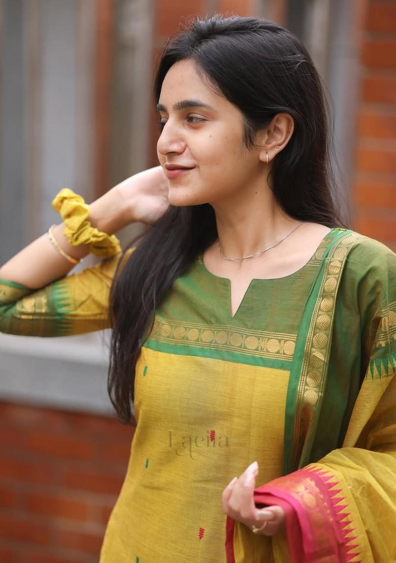 Yellow Weaving Work Cotton Kurta Set - Indya