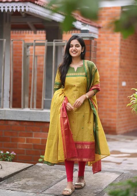 Yellow Weaving Work Cotton Kurta Set