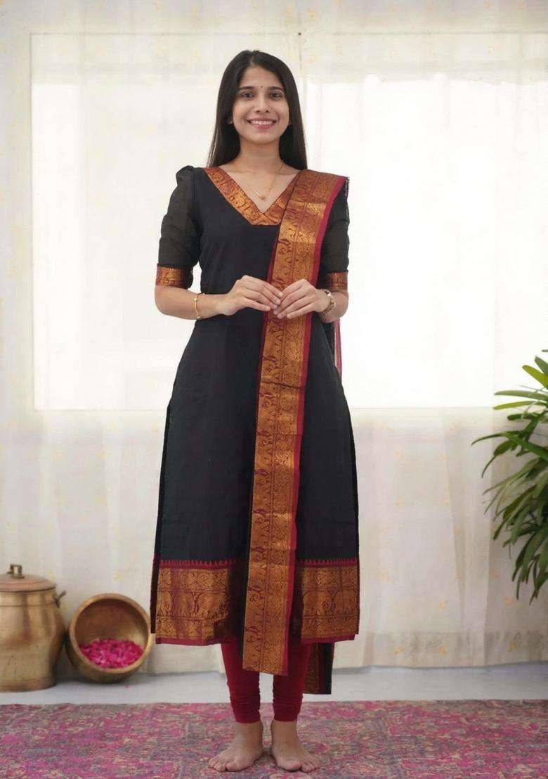 Black Weaving Work Cotton Kurta Set - Indya