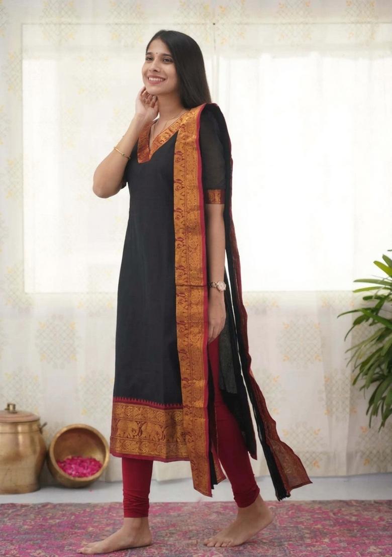Black Weaving Work Cotton Kurta Set - Indya