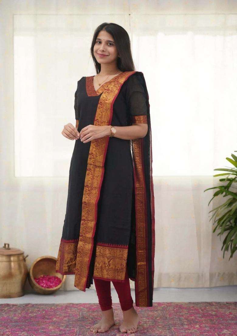 Black Weaving Work Cotton Kurta Set - Indya