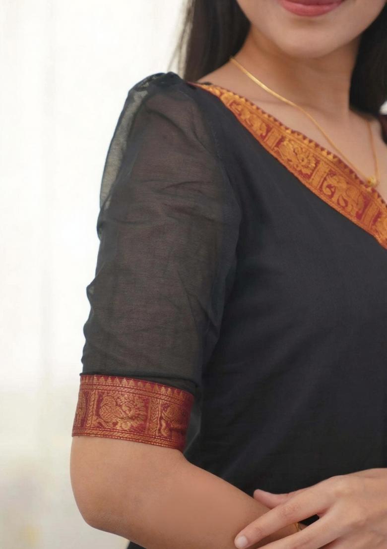 Black Weaving Work Cotton Kurta Set - Indya