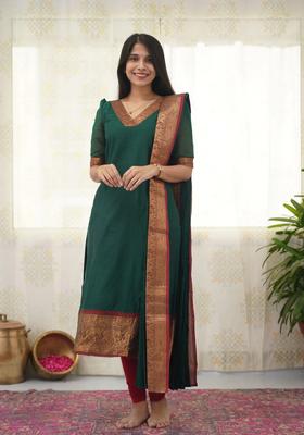 Green Weaving Work Cotton Kurta Set