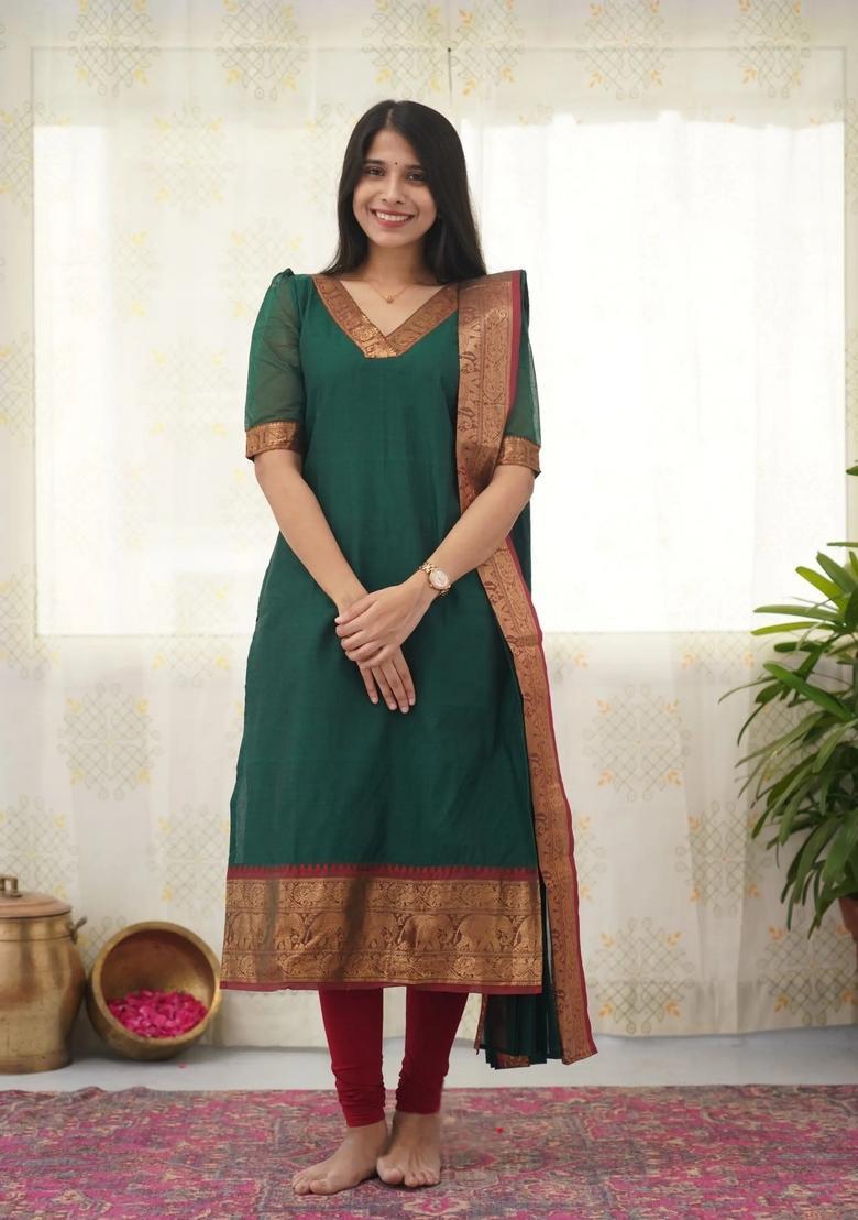Green Weaving Work Cotton Kurta Set - Indya