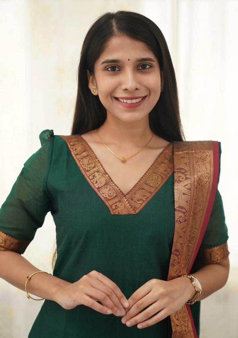 Green Weaving Work Cotton Kurta Set - Indya