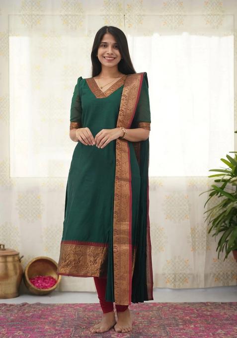 Green Weaving Work Cotton Kurta Set