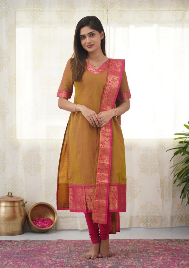 Mustard Weaving Work Cotton Kurta Set - Indya