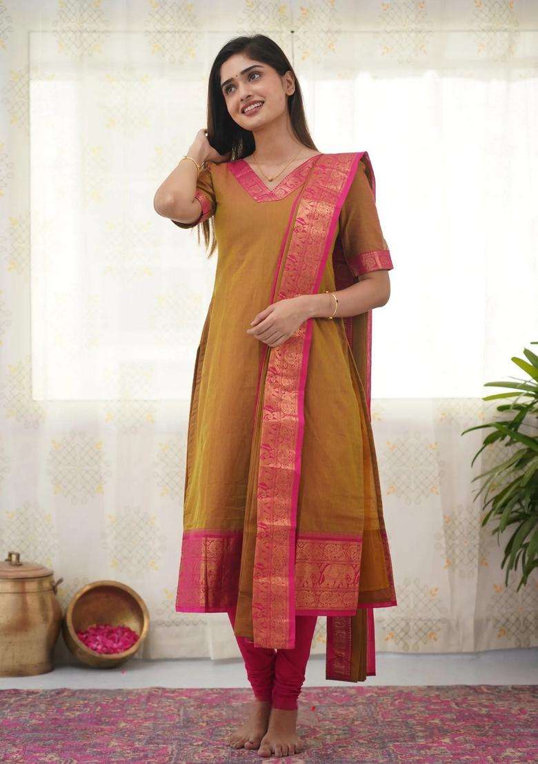 Mustard Weaving Work Cotton Kurta Set - Indya