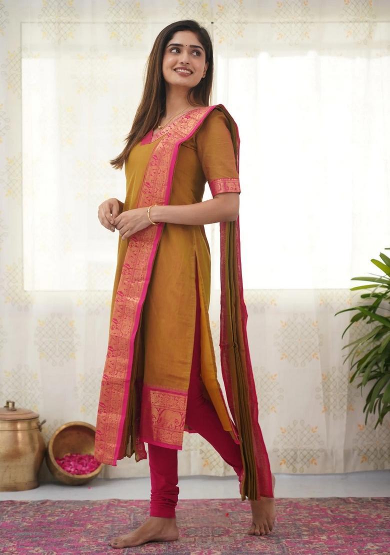 Mustard Weaving Work Cotton Kurta Set - Indya