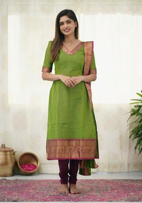 Green Weaving Work Cotton Kurta Set