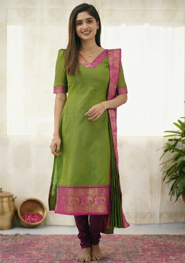 Green Weaving Work Cotton Kurta Set - Indya