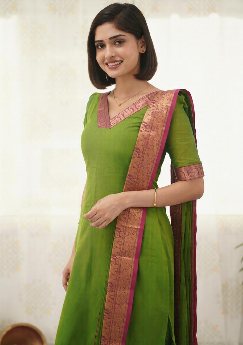 Green Weaving Work Cotton Kurta Set - Indya