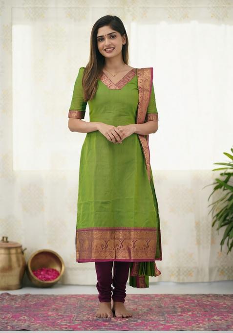 Green Weaving Work Cotton Kurta Set