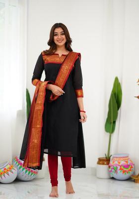 Black Weaving Work Cotton Kurta Set