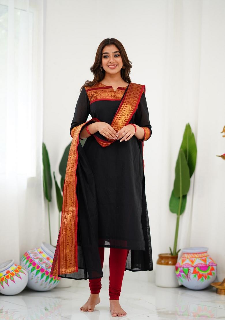 Black Weaving Work Cotton Kurta Set - Indya