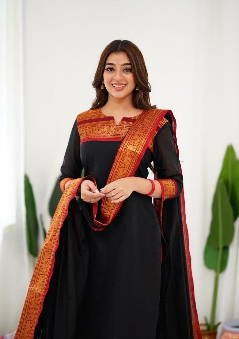Black Weaving Work Cotton Kurta Set - Indya