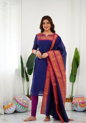 Blue Weaving Work Cotton Kurta Set