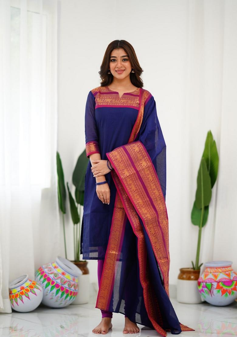 Blue Weaving Work Cotton Kurta Set - Indya