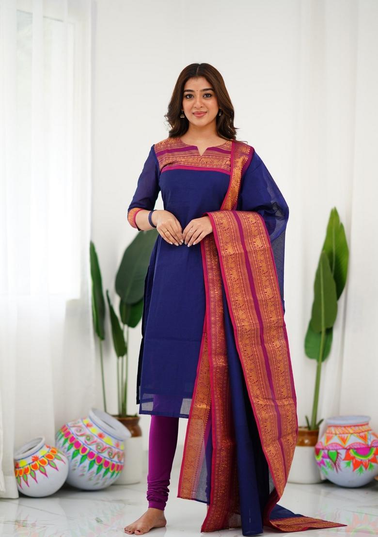 Blue Weaving Work Cotton Kurta Set - Indya