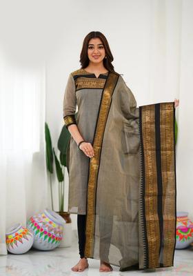 Cream Weaving Work Cotton Kurta Set