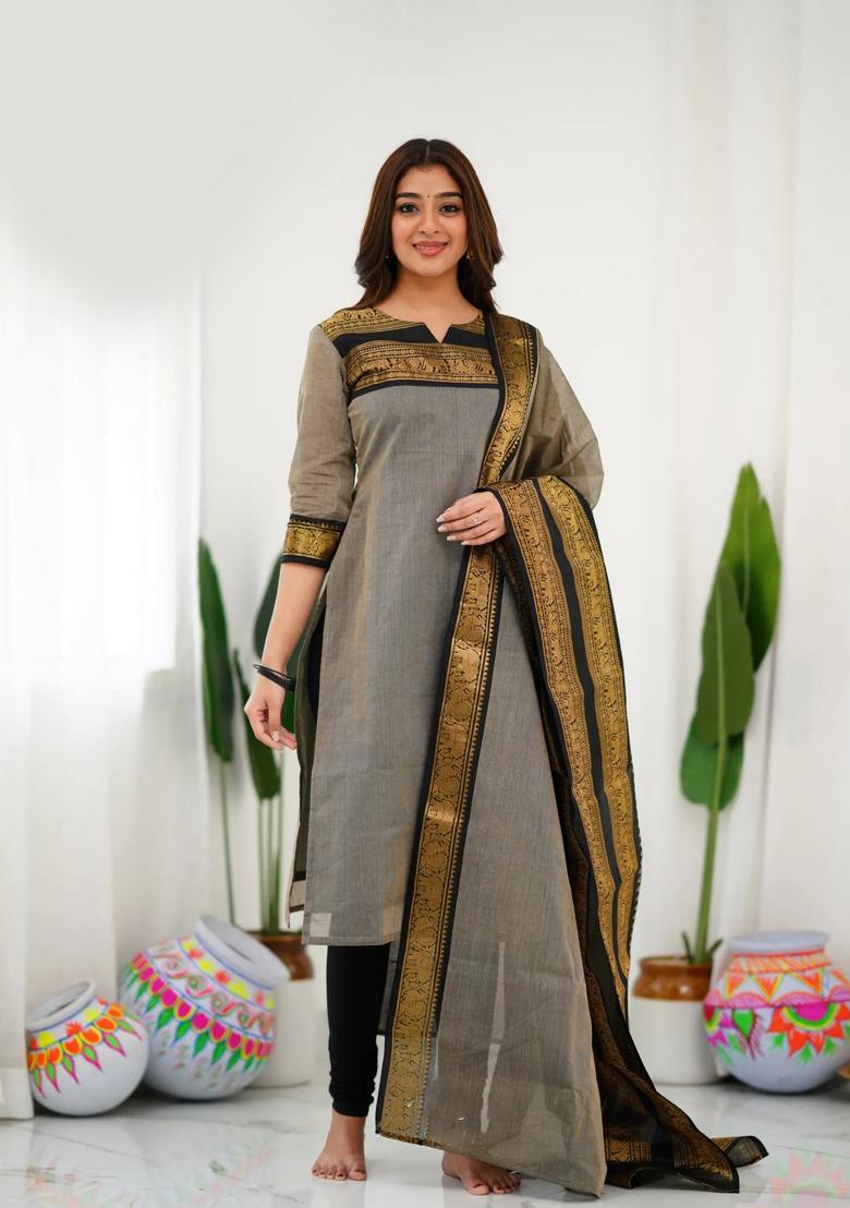 Cream Weaving Work Cotton Kurta Set - Indya