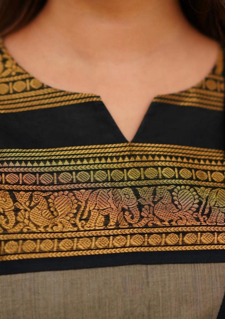 Cream Weaving Work Cotton Kurta Set - Indya