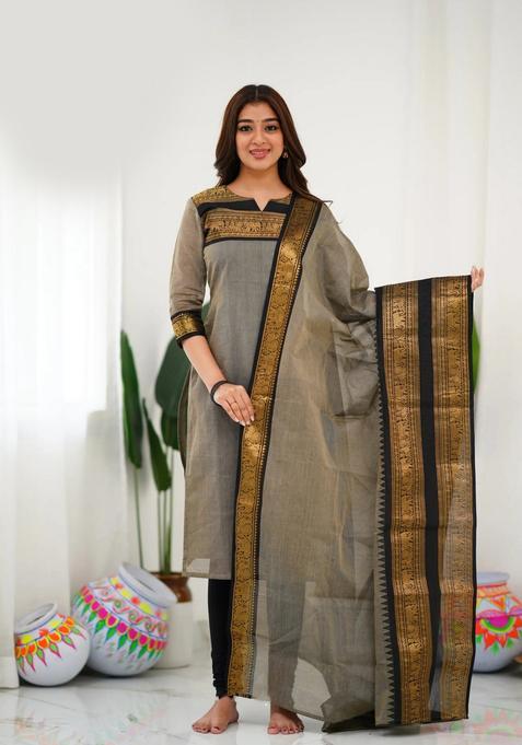 Cream Weaving Work Cotton Kurta Set