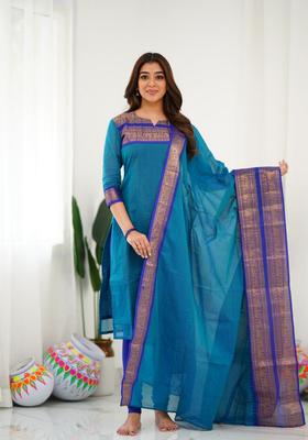 Firozi Weaving Work Cotton Kurta Set