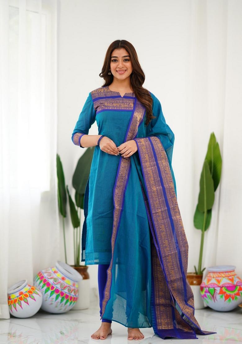 Firozi Weaving Work Cotton Kurta Set - Indya