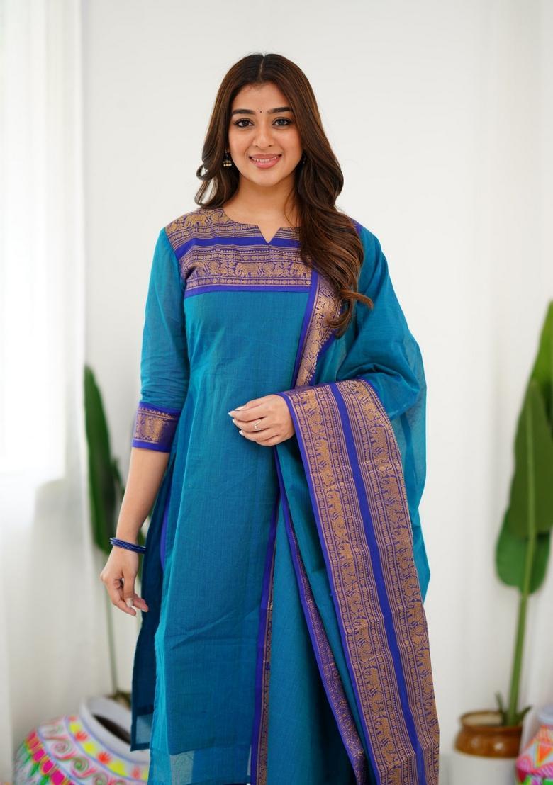 Firozi Weaving Work Cotton Kurta Set - Indya