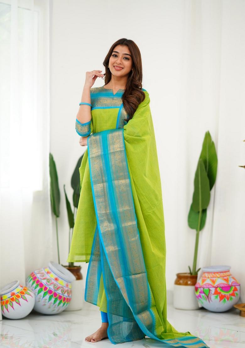 Green Weaving Work Cotton Kurta Set - Indya