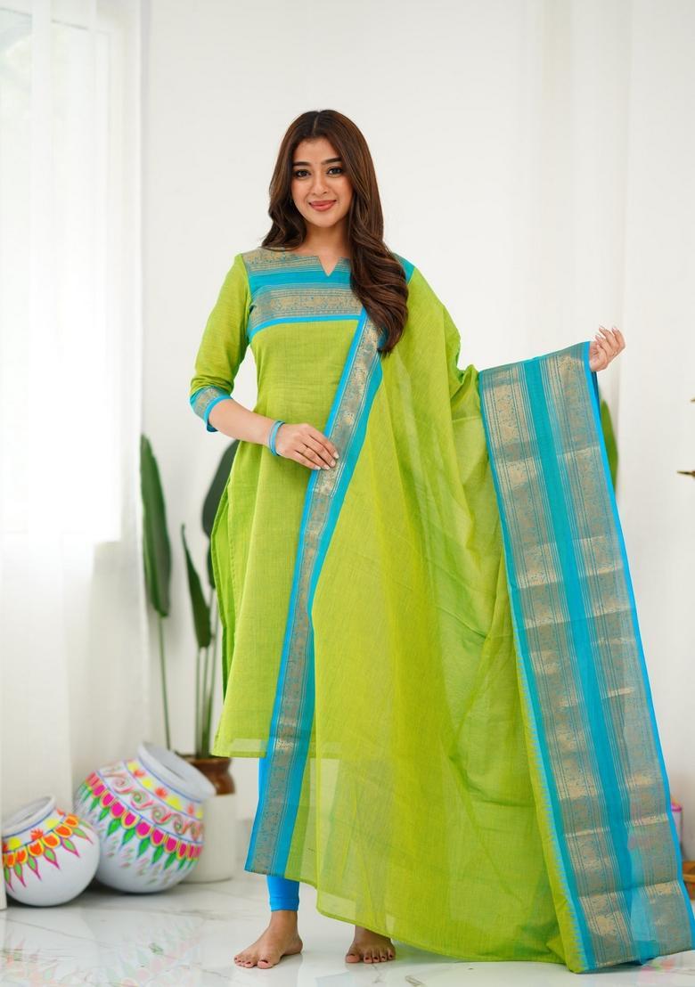 Green Weaving Work Cotton Kurta Set - Indya
