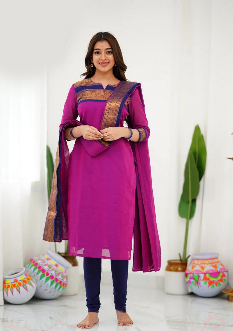 Pink Weaving Work Cotton Kurta Set - Indya