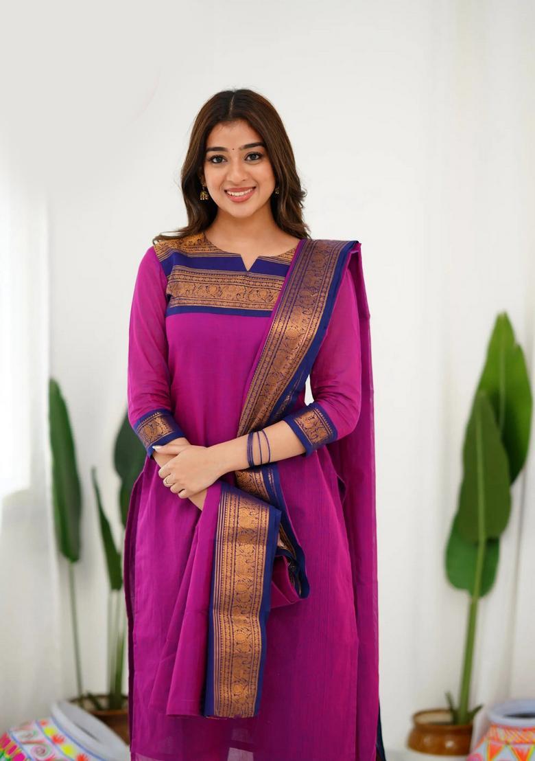 Pink Weaving Work Cotton Kurta Set - Indya