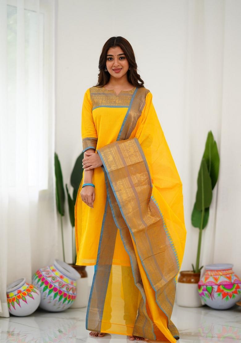 Yellow Weaving Work Cotton Kurta Set - Indya