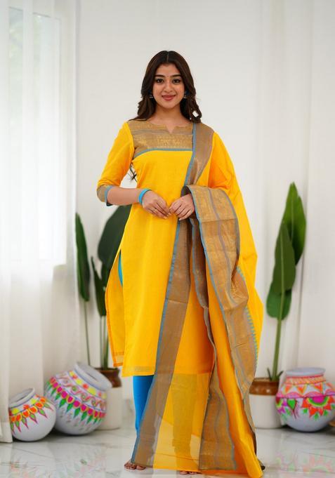 Yellow Weaving Work Cotton Kurta Set