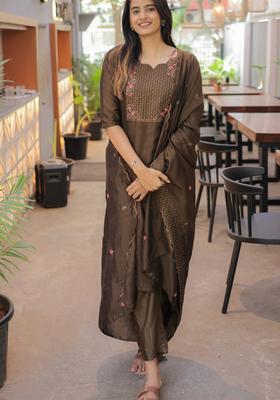 Brown Weaving Work Cotton Kurta Set
