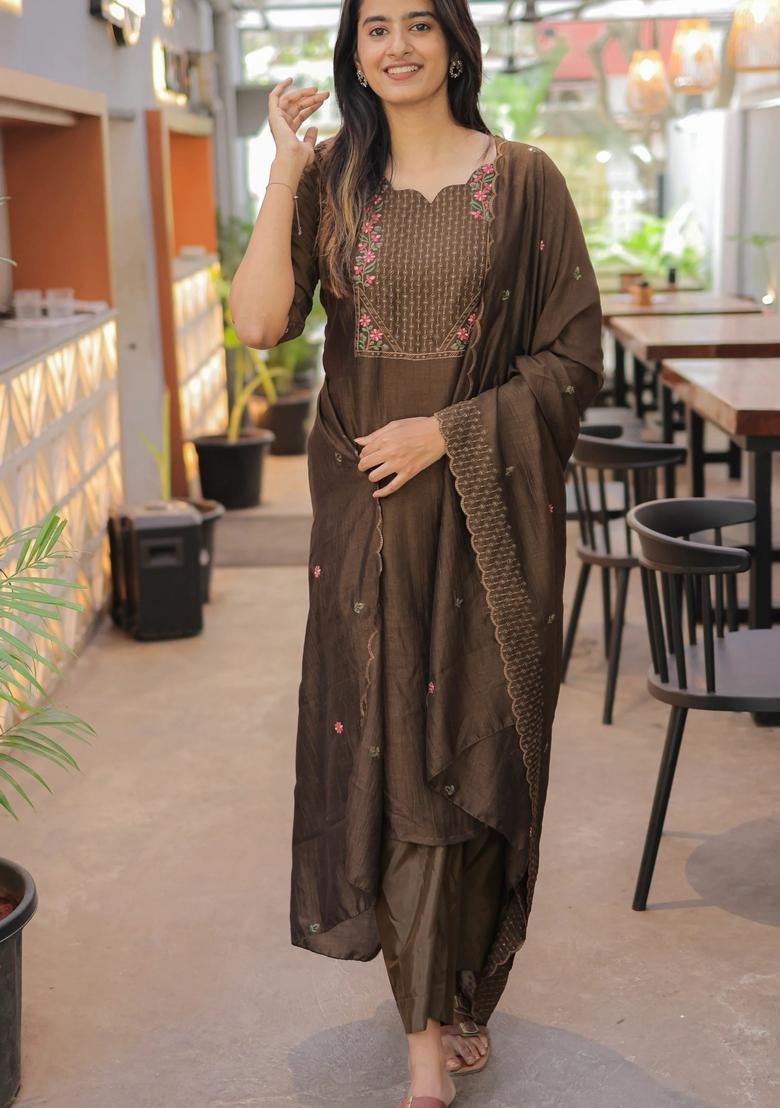 Brown Weaving Work Cotton Kurta Set - Indya