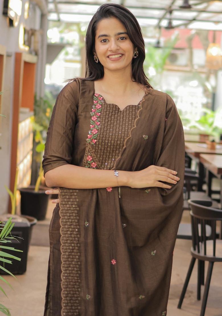 Brown Weaving Work Cotton Kurta Set - Indya