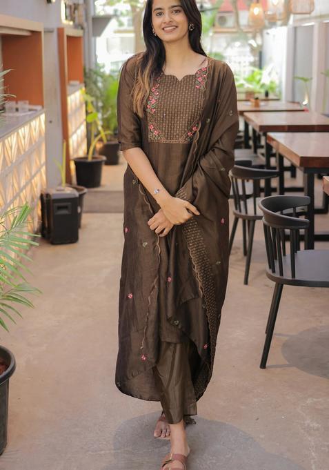 Brown Weaving Work Cotton Kurta Set