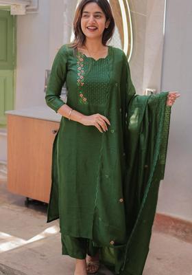 Green Weaving Work Cotton Kurta Set