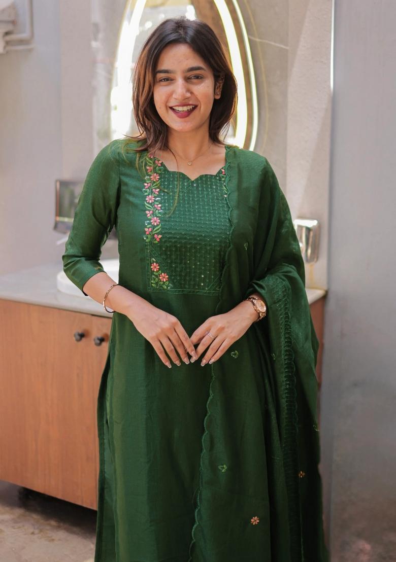 Green Weaving Work Cotton Kurta Set - Indya